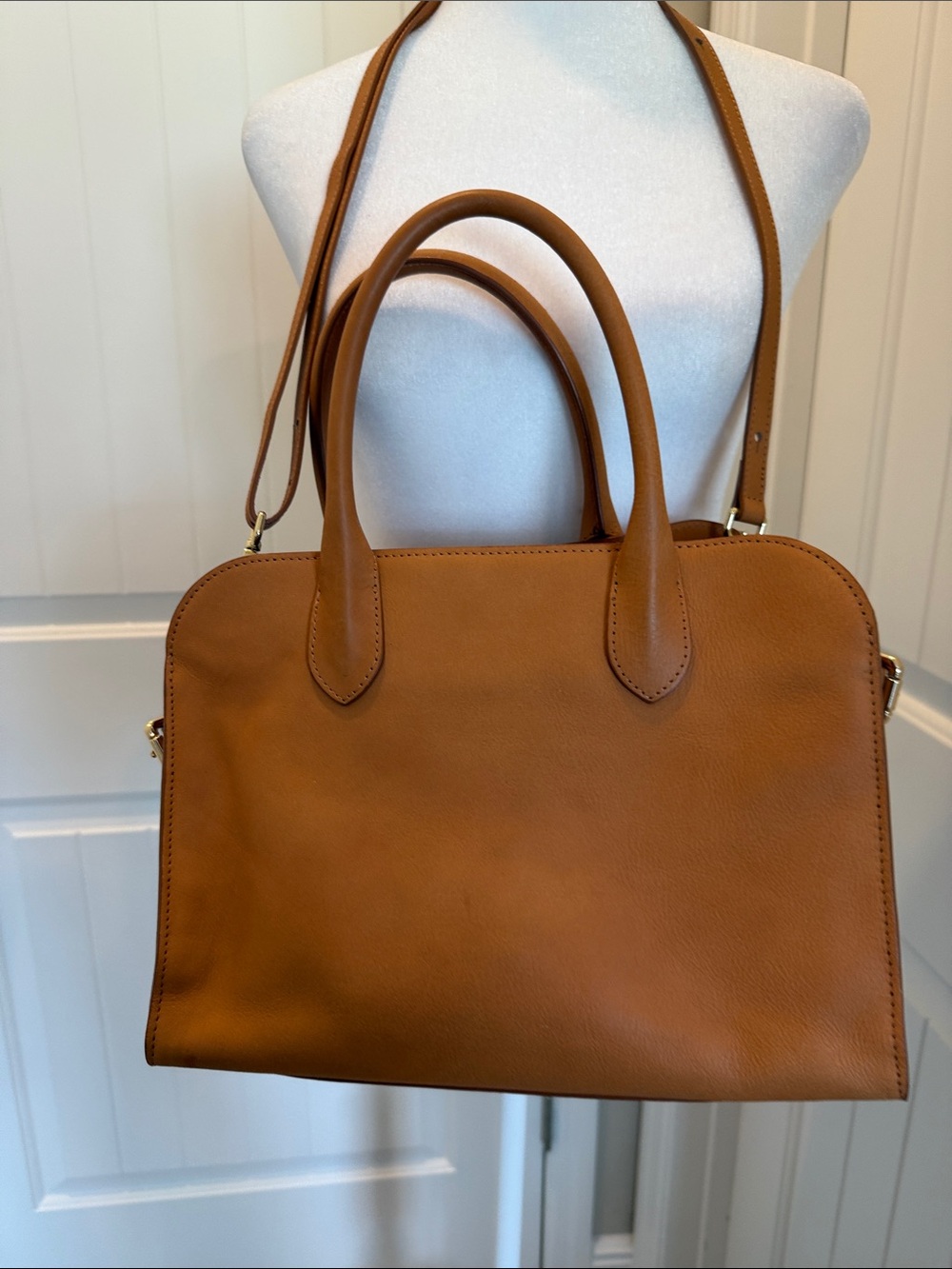 Structured Tan Leather Satchel with Top Handles and Removable Strap